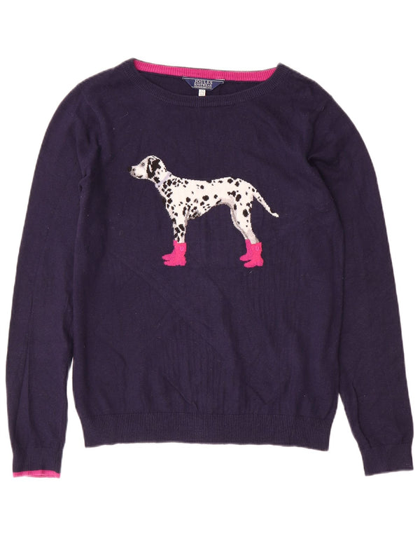 Joules Dame Grafisk Boat Neck Jumper Sweater UK 8 Small Navy Blue Bomuld