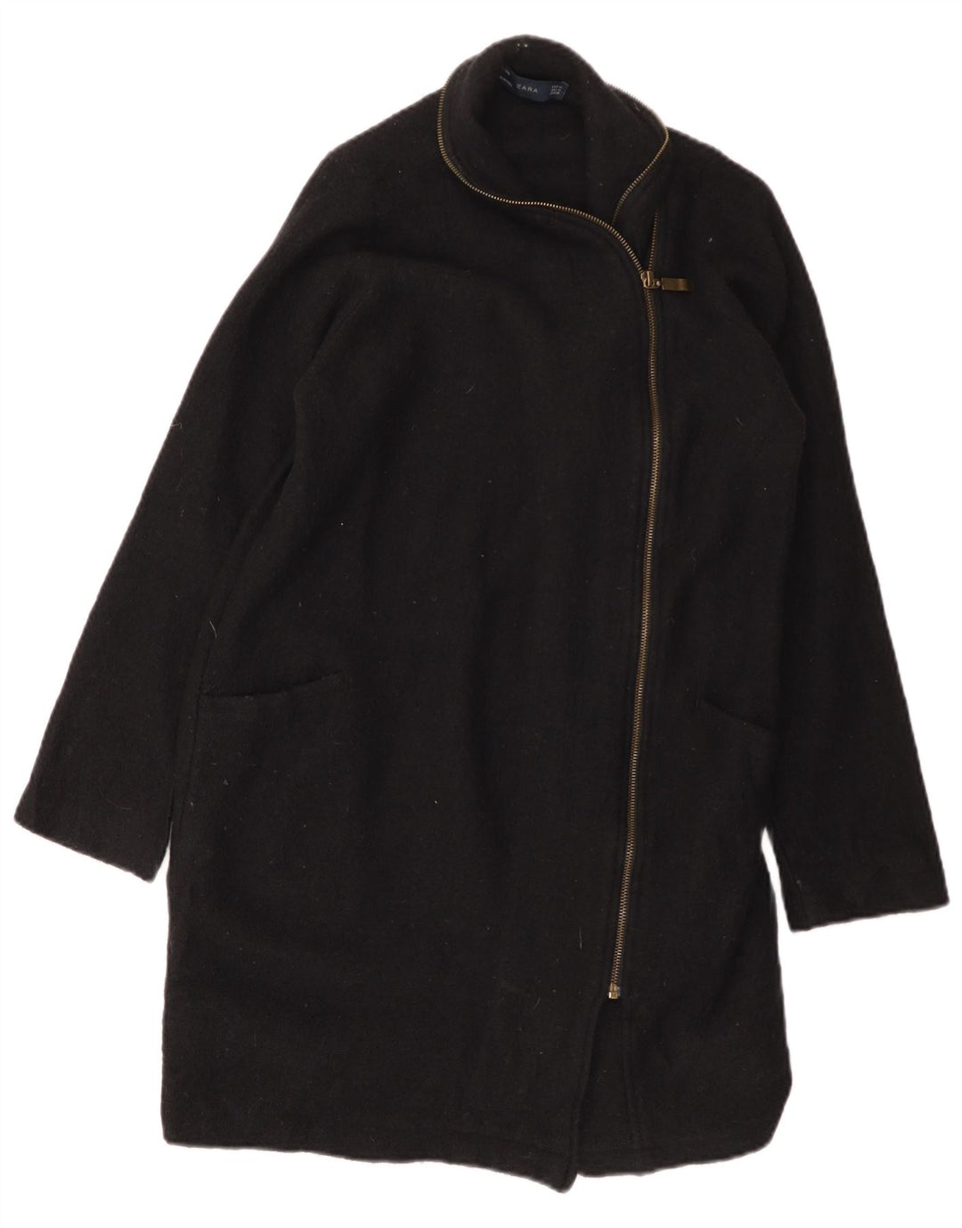 ZARA Dame Overfrakke UK 14 Medium Sort Uld