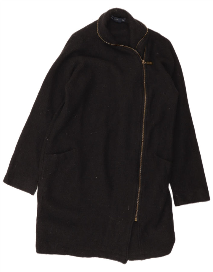ZARA Dame Overfrakke UK 14 Medium Sort Uld