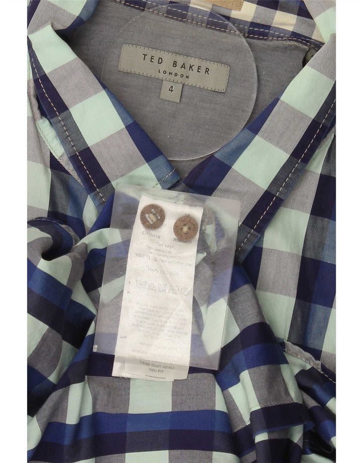Ted Baker Herre kortærmet skjorte størrelse 4 Large Blue Gingham Cotton