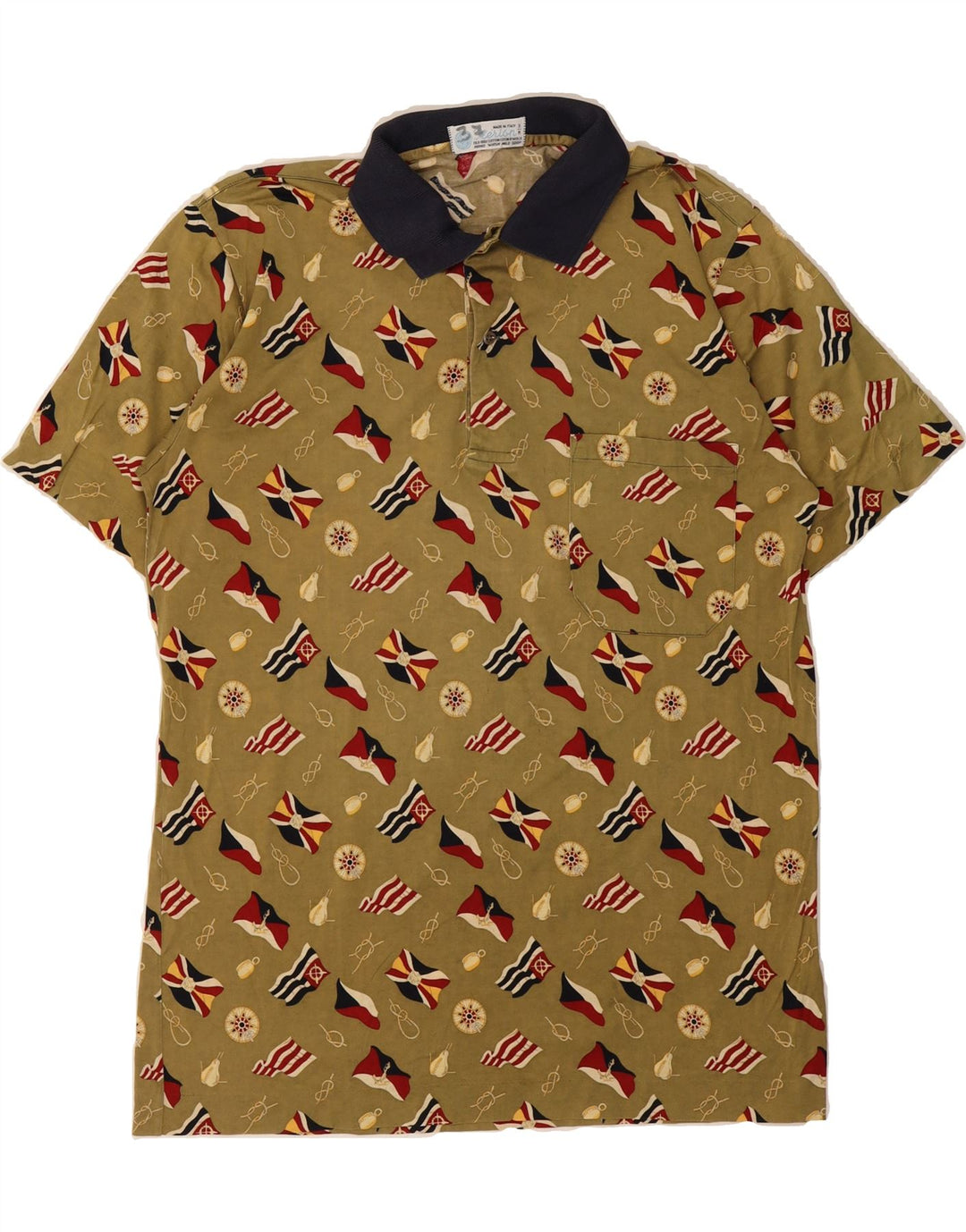 HERION Mens Abstract Pattern Polo Shirt Medium Khaki Cotton Vintage Herion and Second-Hand Herion from Messina Hembry 