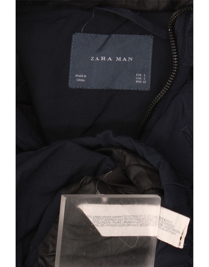 ZARA Herre Hooded Parka Jacket UK 40 Large Navy Blue Polyester