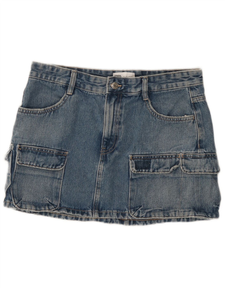Zara Dame Denim Cargo Nederdel Stor W32 Blå Bomuld