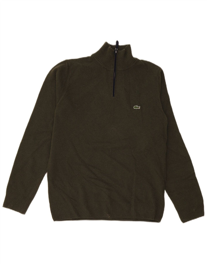 Lacoste Herre Zip Neck Jumper Sweater Størrelse 4 Medium Khaki Ny Uld