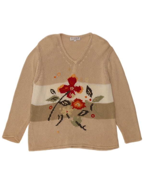 VINTAGE Dame Oversized V-hals sweater UK 14 Medium Beige Floral