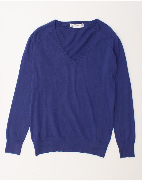 Zara Dame V-hals sweater UK 18 XL Blå Bomuld