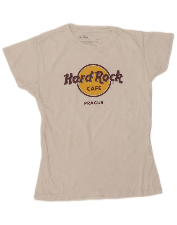 Hard Rock Cafe Dame Prag Grafisk T-Shirt Top UK 12 Medium Hvid Bomuld