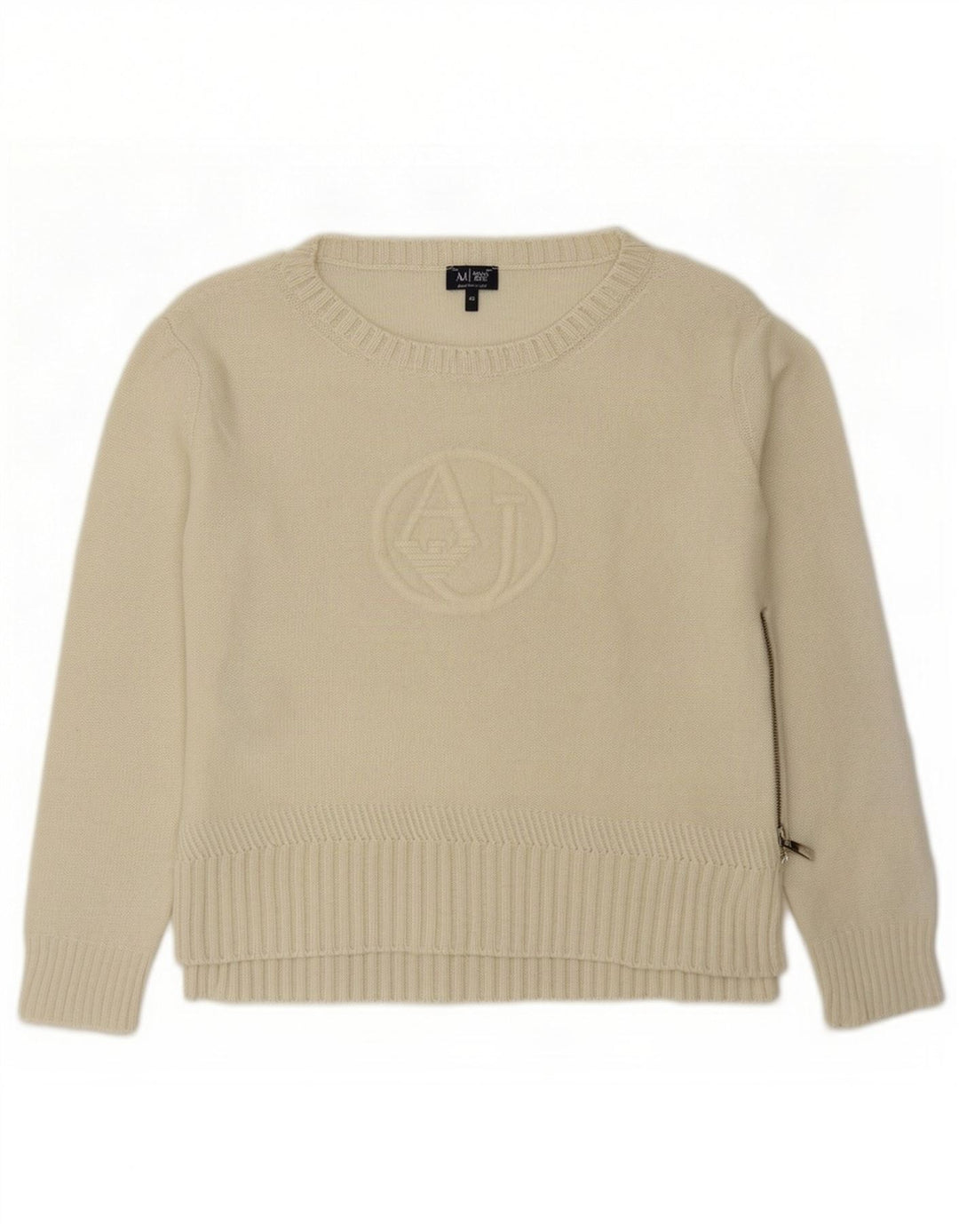 Armani Dame Grafisk Boat Neck Jumper Sweater EU 42 Large Off White Uld