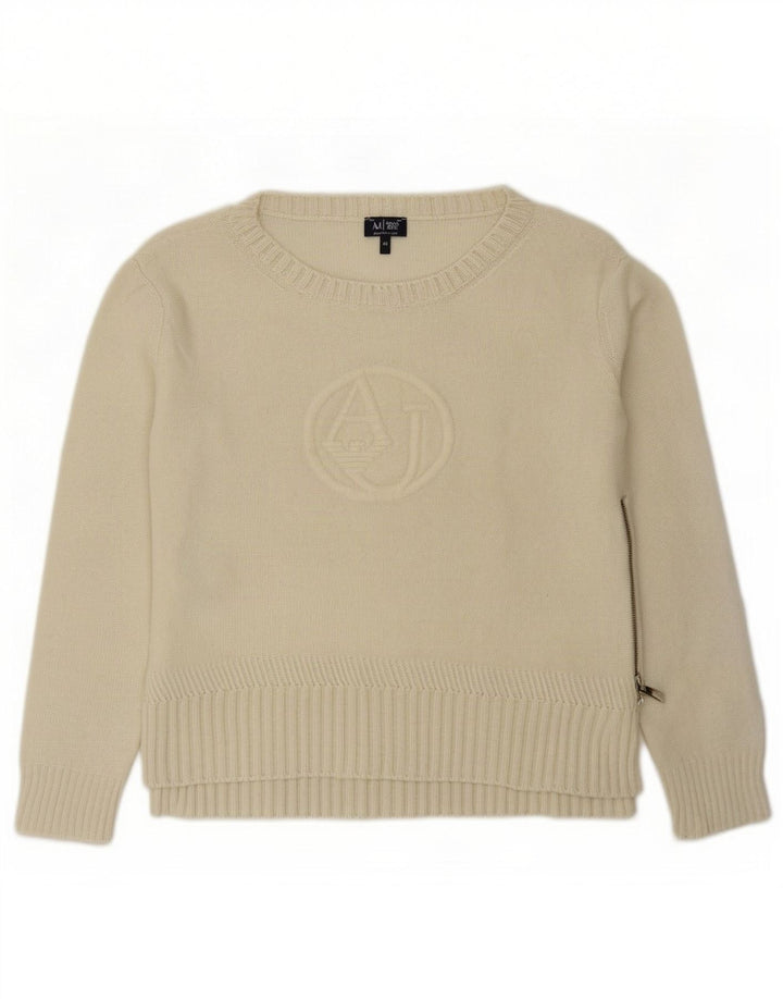 Armani Dame Grafisk Boat Neck Jumper Sweater EU 42 Large Off White Uld