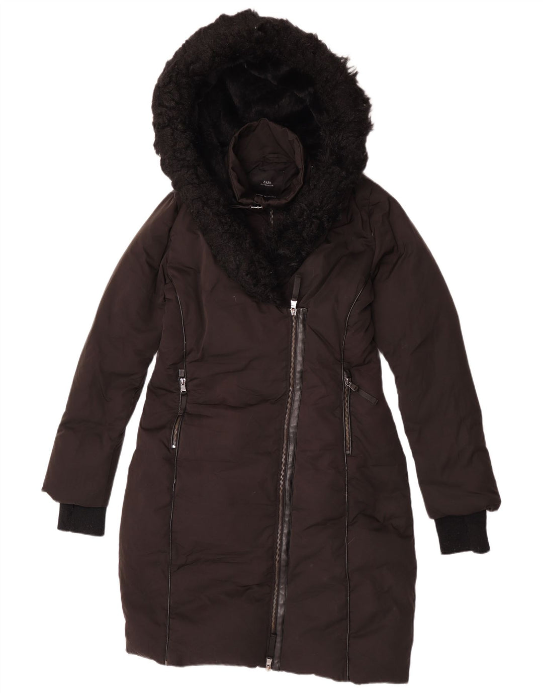 Zara Dame Hætte Polstret Frakke UK 10 Small Black Polyester