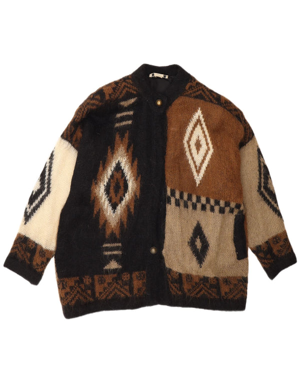 Niki Line Dame Loose Fit Cardigan Sweater UK 18 XL Brun Geometrisk Mohair