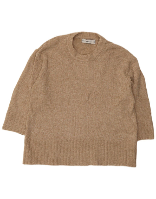 Zara dametrøje med 3/4 ærmer med rund hals trøje UK 14 Medium Beige