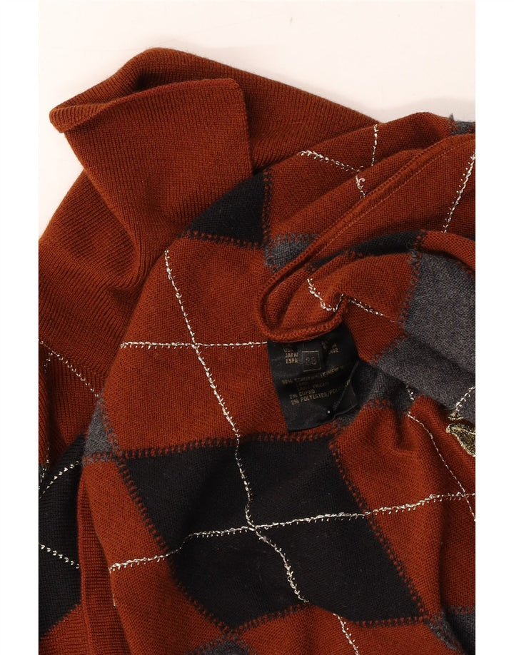 Vintage Dame Polo Neck Jumper Sweater EU 38 Medium Brown Argyle/Diamond