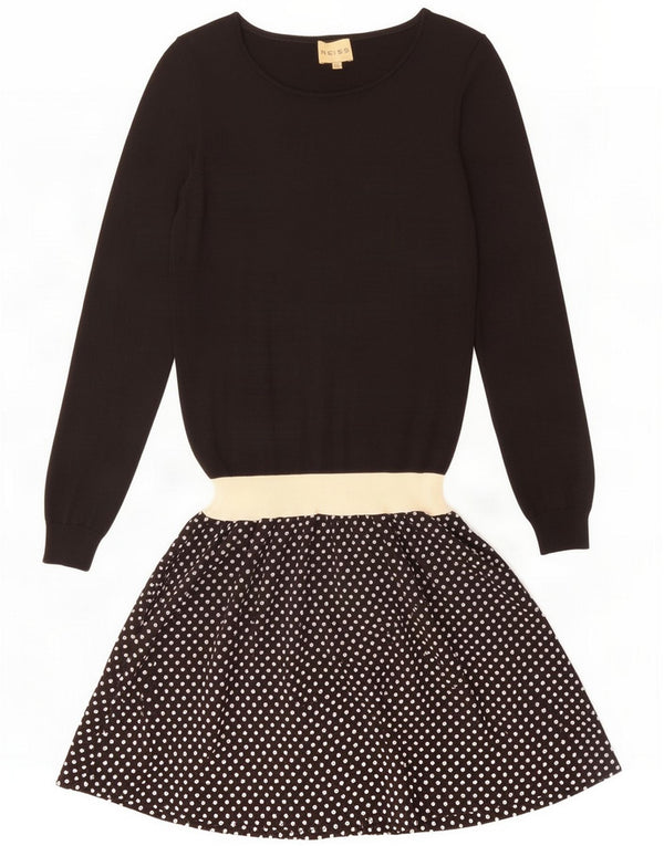 Reiss Womens Long Sleeve Drop Waist Dress UK 12 Medium Black Spotted Wool