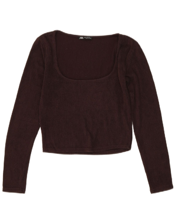 Zara Womens Crop Top Langærmet UK 12 Medium Brun Polyester