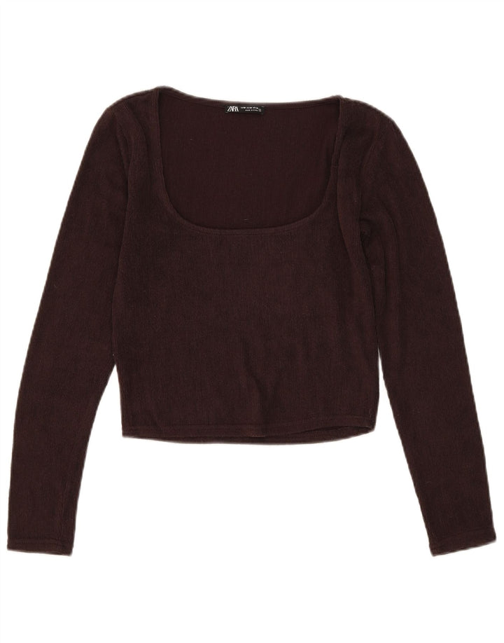 Zara Womens Crop Top Langærmet UK 12 Medium Brun Polyester