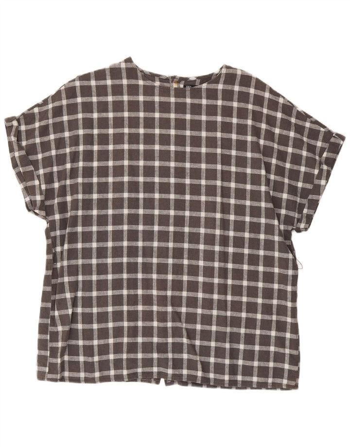 Zara Kortærmet Oversized skjortebluse til kvinder UK 14 Medium Grey Check