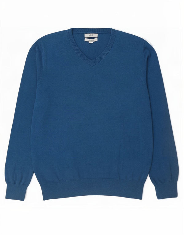 Marks & Spencer Mens V-Neck Jumper Sweater Large Blue Cotton