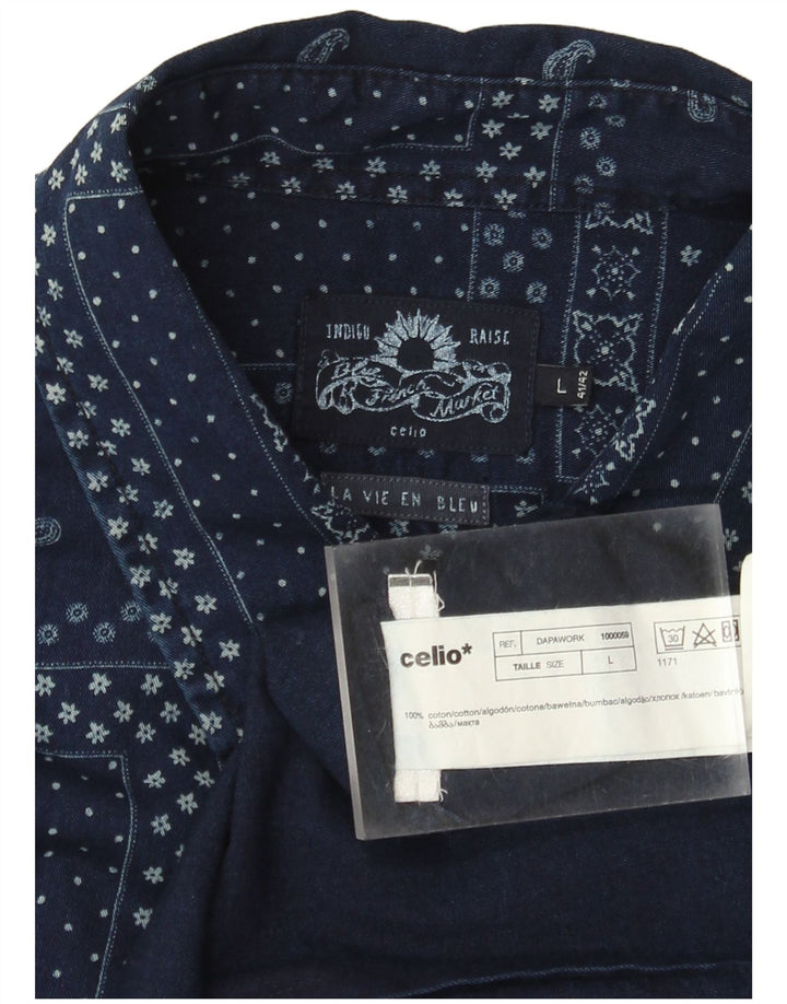 Celio Herre Indigo kortærmet skjorte Stor marineblå patchwork bomuld