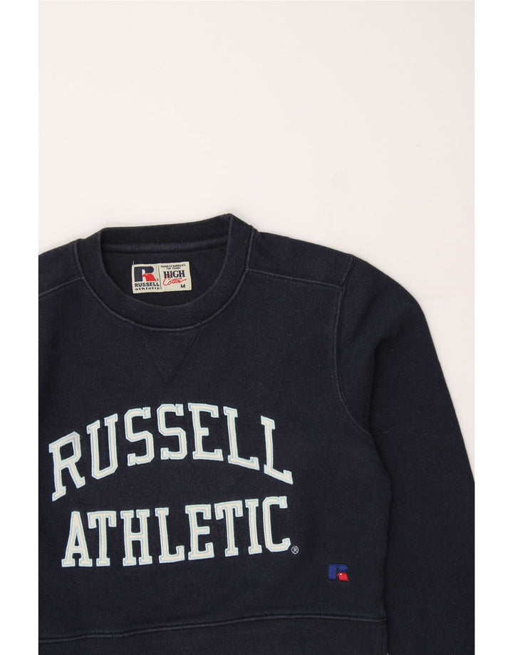 RUSSELL ATHLETIC Womens Crop Sweatshirt Jumper UK 14 Medium Navy Blue Vintage Russell Athletic and Second-Hand Russell Athletic from Messina Hembry 