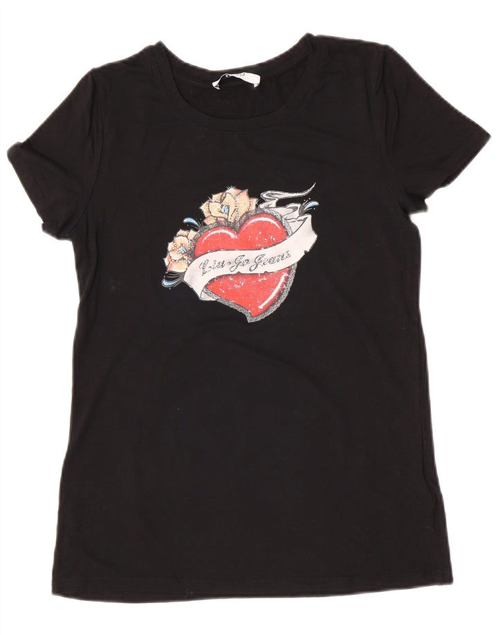 Liu Jo Grafisk T-shirt top til kvinder UK 12 Medium Sort viskose