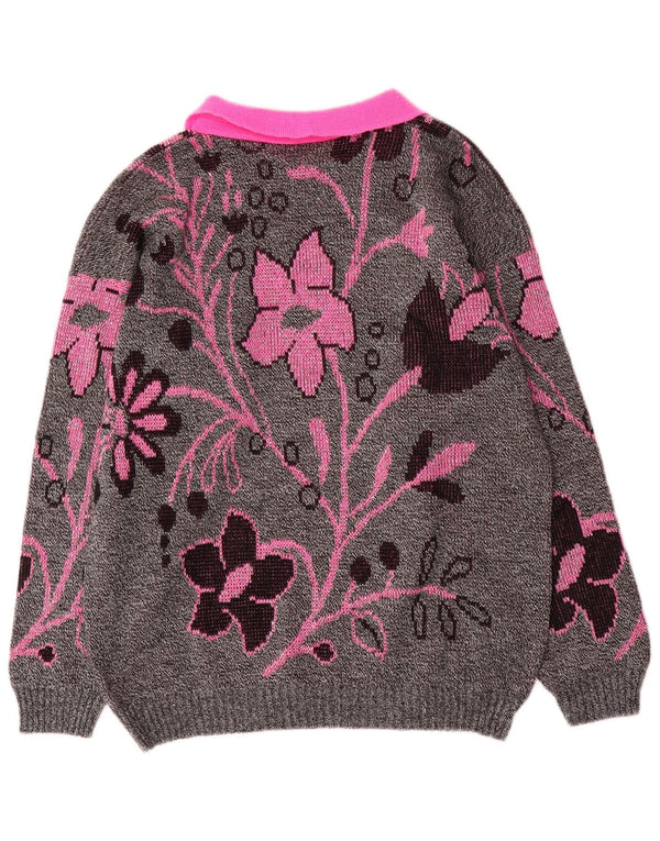 Vintage kvinders grafisk polo hals sweater UK 16 store grå blomster