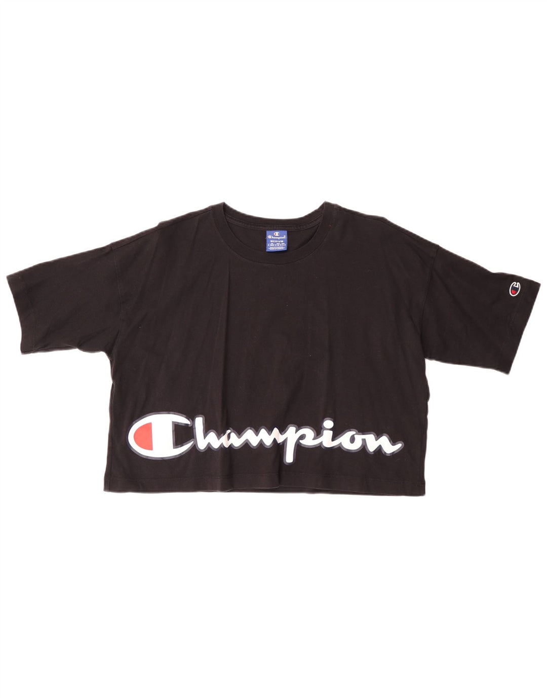 CHAMPION Dame Crop Grafisk T-Shirt Top UK 14 Medium Sort
