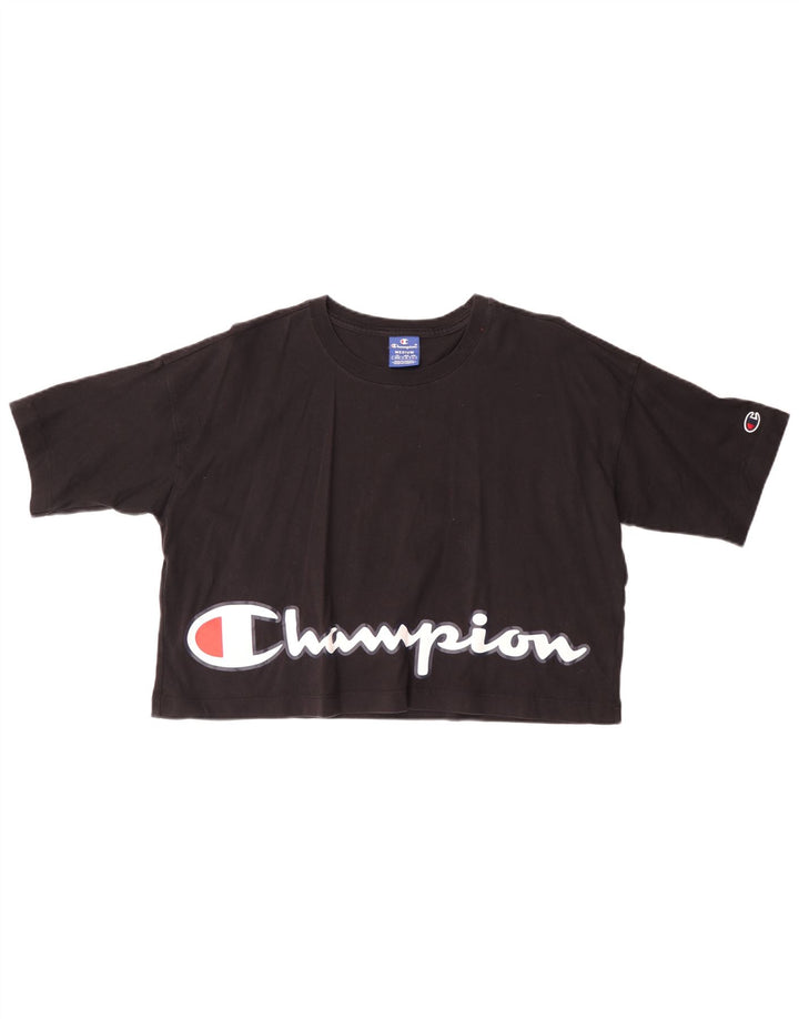 CHAMPION Dame Crop Grafisk T-Shirt Top UK 14 Medium Sort