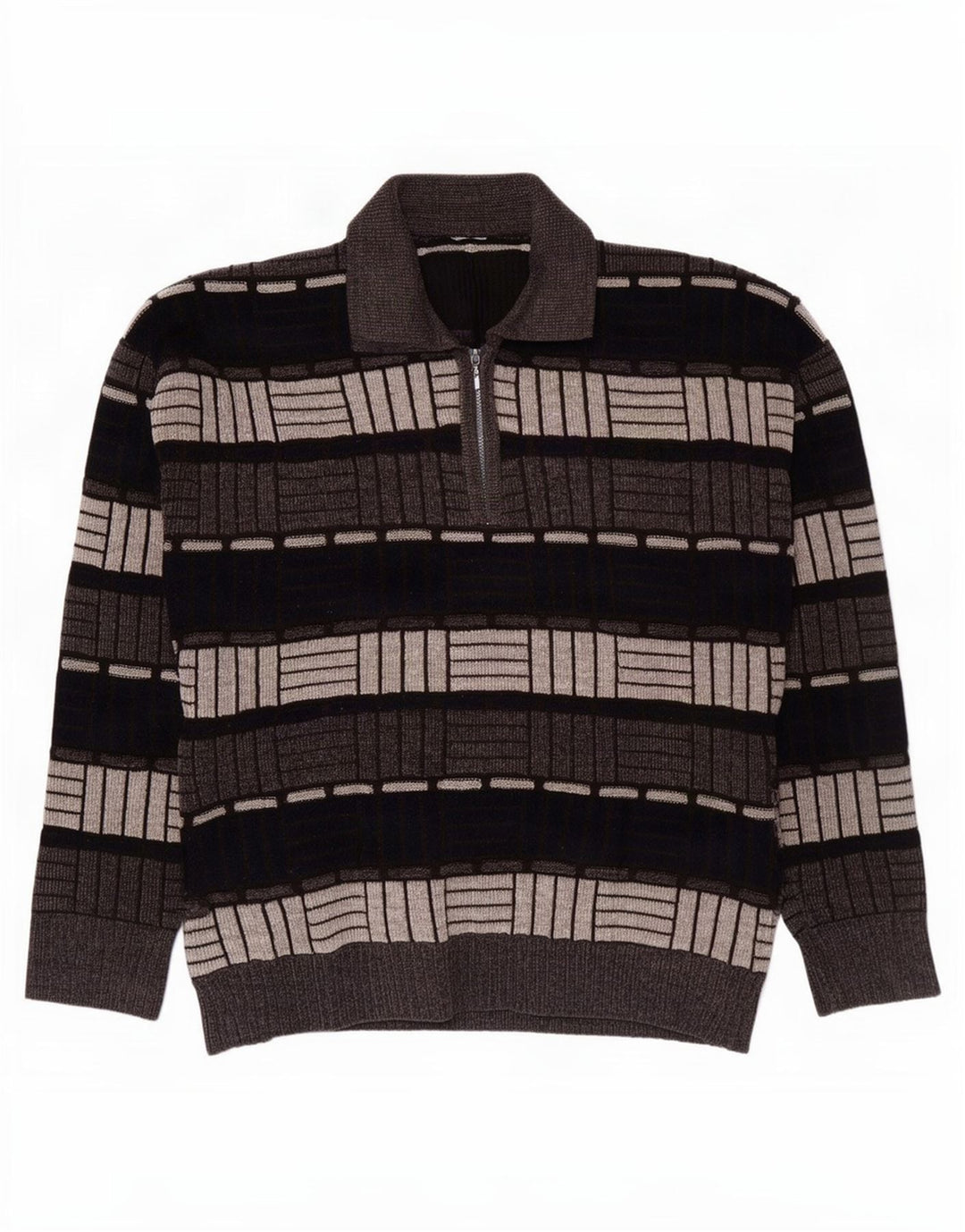 Vintage Herre Polo Neck Jumper Sweater Medium Grå Geometrisk