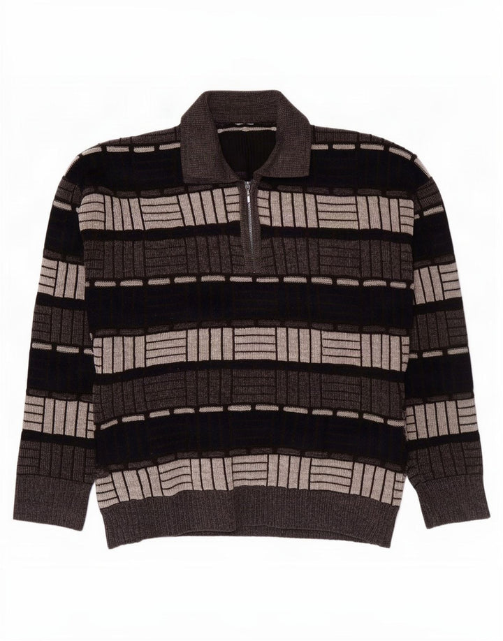 Vintage Herre Polo Neck Jumper Sweater Medium Grå Geometrisk