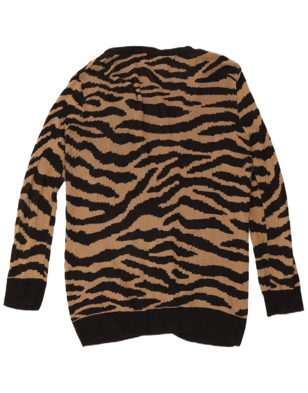 Zara Womens Longline Cardigan Sweater UK 16 Large Brown Animal Print Bomuld