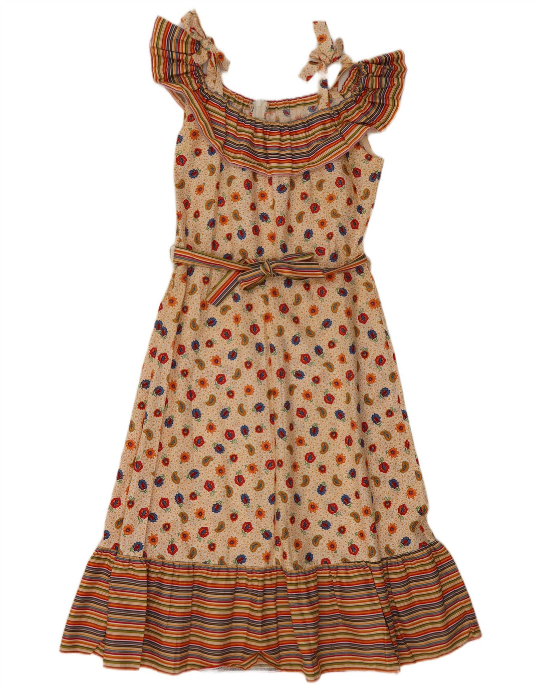 VINTAGE Dame Ærmeløs A-Line Kjole EU 36 Small Beige Paisley Cotton