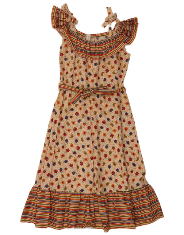 VINTAGE Dame Ærmeløs A-Line Kjole EU 36 Small Beige Paisley Cotton