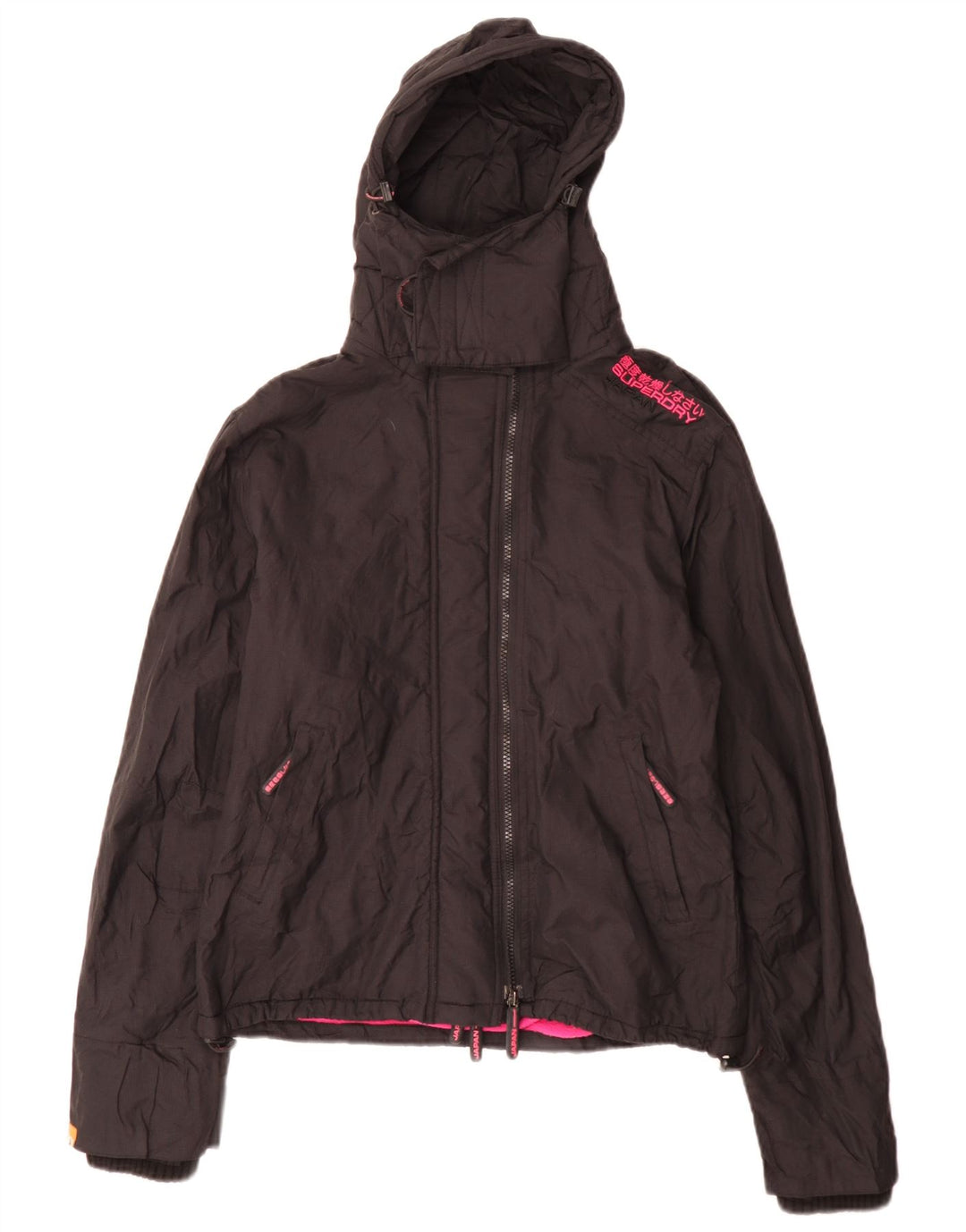 Superdry vindjakkejakke med hætte til kvinder UK 16 Stor sort nylon