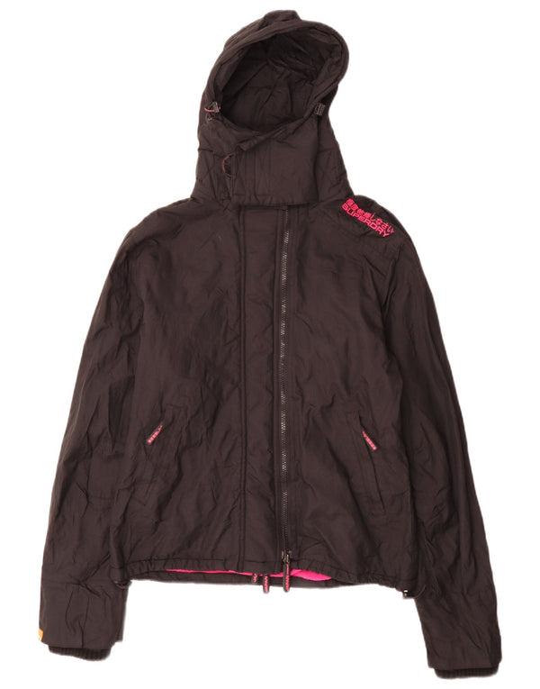 Superdry vindjakkejakke med hætte til kvinder UK 16 Stor sort nylon