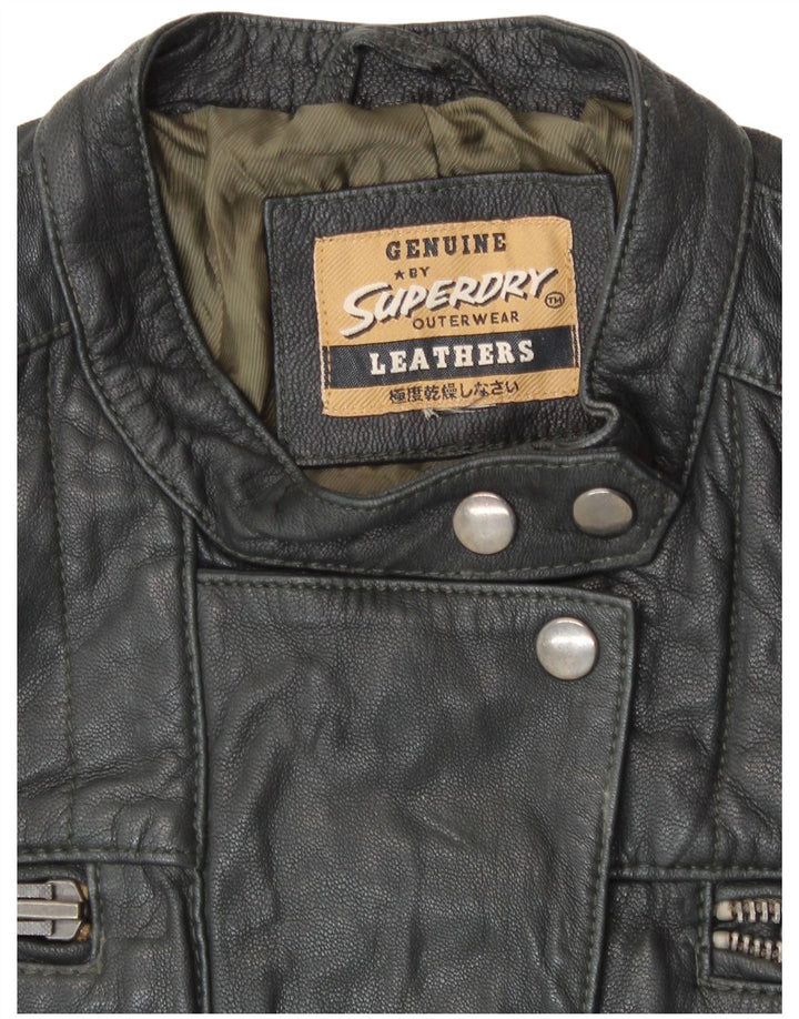 SUPERDRY Dame Læderjakke UK 14 Medium Sort Læder