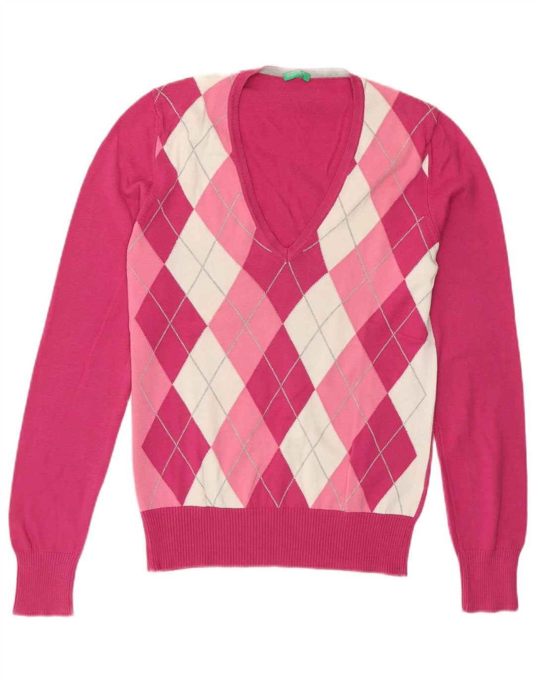 Benetton Dame V-hals sweater UK 12 Medium Pink Argyle/Diamond