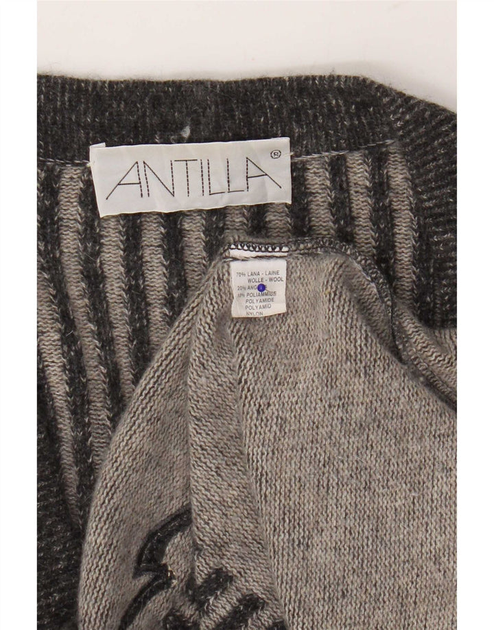 Vintage Dame Longline Cardigan Sweater UK 14 Medium Grå Stribet Uld