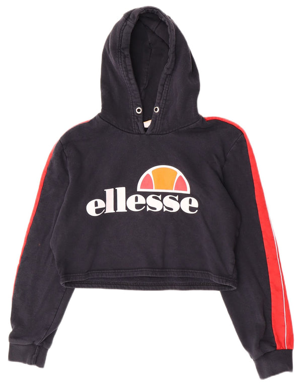 Ellesse Womens Grafisk Crop Hoodie Jumper UK 14 Large Navy Blue Colourblock