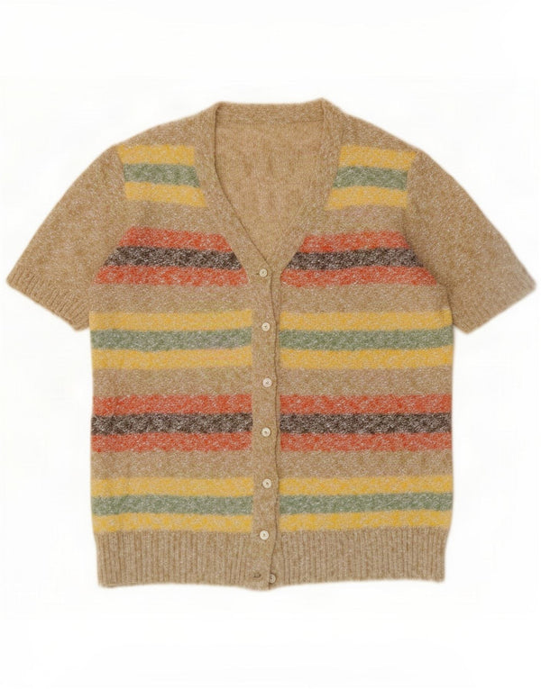 Vintage kortærmet cardigan sweater til kvinder UK 14 Medium Beige Stribet