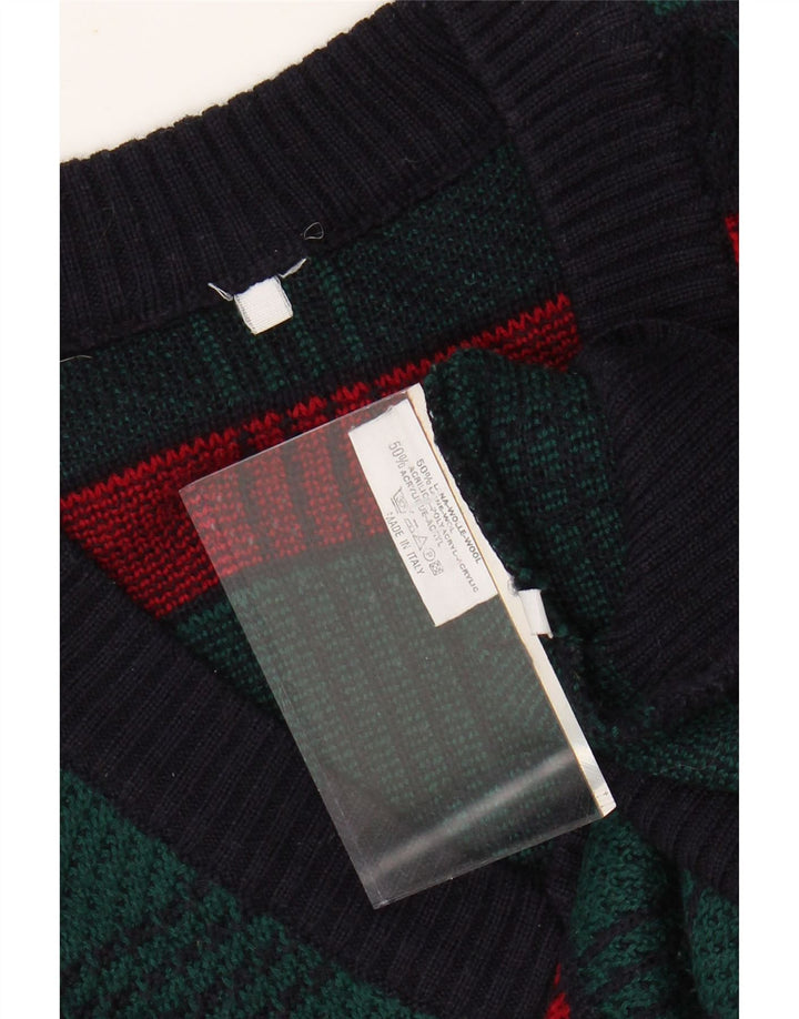 VINTAGE Herre V-hals sweater Stor grøn stribet uld