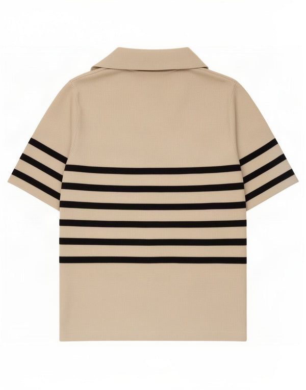 Marks & Spencer Dame Polo Shirt UK 12 Medium Beige Stribet Bomuld