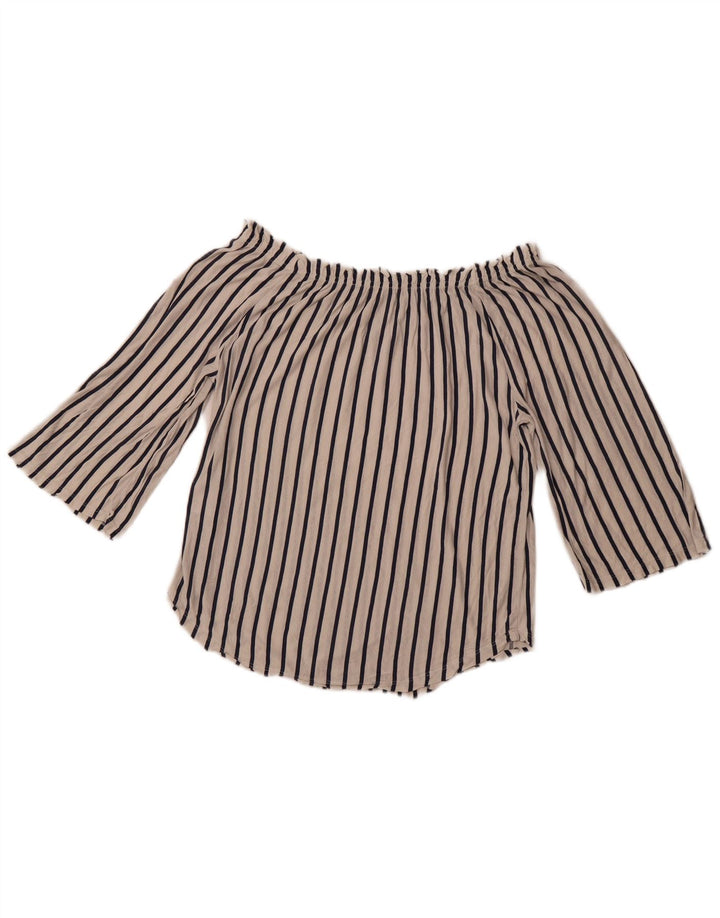 BENETTON Dame 3/4 ærme off Shoulder Top UK 14 Medium hvid stribet