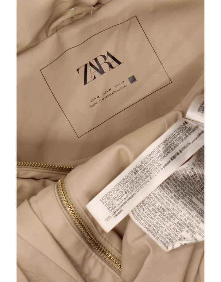 ZARA ærmeløs polstret frakke med hætte til kvinder UK 14 Medium Beige Polyester