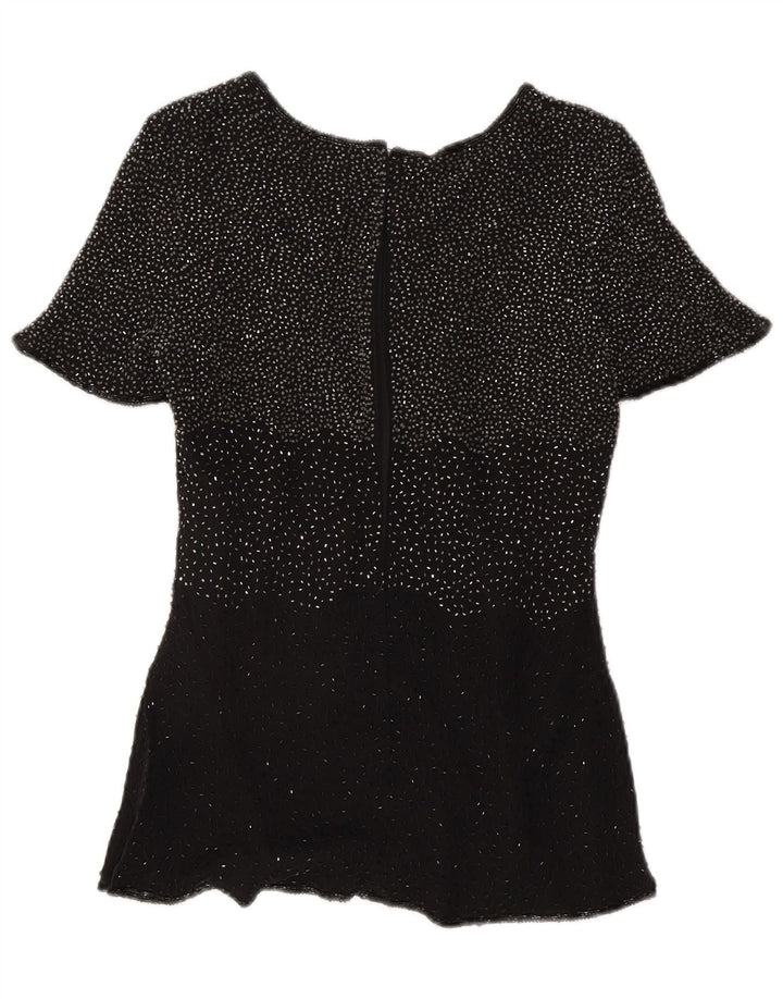 Jacques Vert Dame Aften Pailletbluse Top UK 10 Small Black Silk