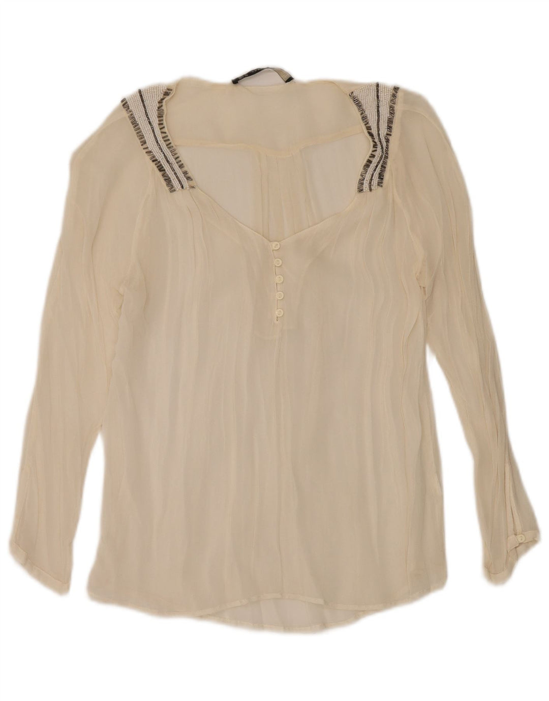 Zara Dame Oversized se Gennem Langærmet Bluse Top UK 10 Small Beige