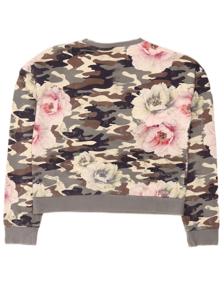 GUESS Womens Crop Graphic Sweatshirt Jumper UK 16 Large Grey Camouflage