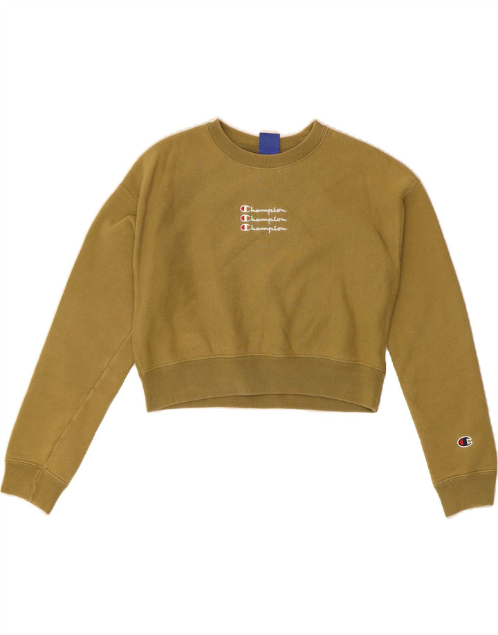 CHAMPION Womens Graphic Sweatshirt Jumper UK 10 Small Khaki Cotton Vintage Champion and Second-Hand Champion from Messina Hembry 