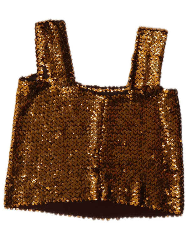 Vintage Kvinders ærmeløs pailletter Crop Top UK 12 Medium Gold