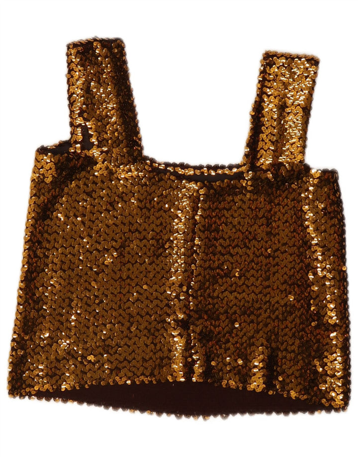 Vintage Kvinders ærmeløs pailletter Crop Top UK 12 Medium Gold